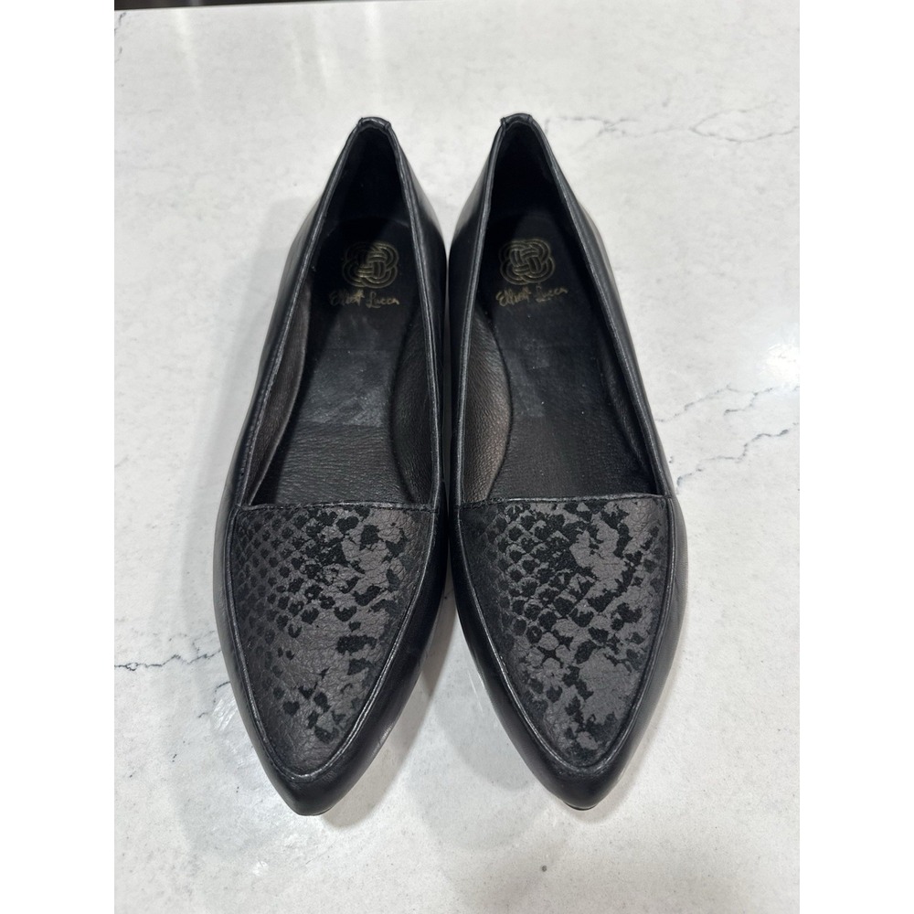 Elliot Lucca Women's Black Leather Pointed Toe Snakeskin Flats Size 8.5